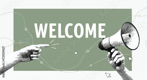 Announcing exciting news with a megaphone and pointing finger, spreading the word of welcome to a new venture or event.