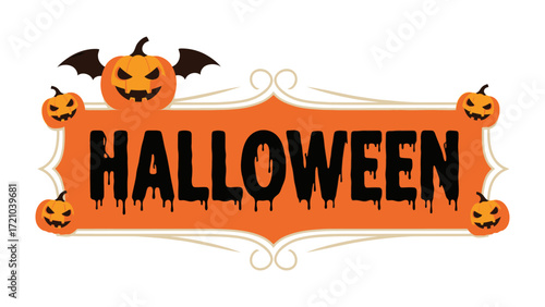 Halloween banner in Orange and Black: A spooky Halloween banner design featuring a grinning pumpkin face, a bat, and a decorative frame. A playful blend of festive spirit. 