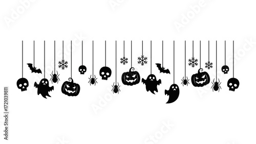 Spooky Halloween Garland: A captivating monochromatic design of Halloween decorations, including pumpkins, ghosts, spiders, skulls, bats, and snowflakes, hangs gracefully.