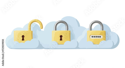 Secure your digital world with cloud data protection, showcasing unlocked, locked, and password-protected padlocks on clouds.