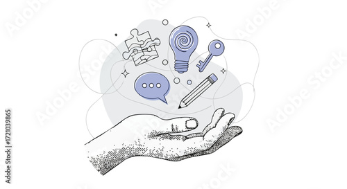 A hand in a sketch style holding various conceptual icons like a lightbulb, speech bubble, pencil, puzzle pieces, and a key, representing ideas, communication, creativity, and problem-solving.