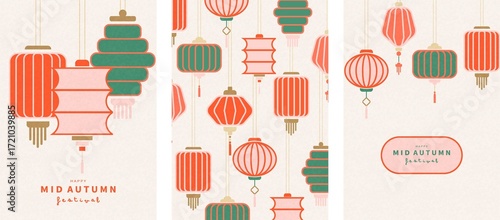 Greeting card for Mid Autumn Festival. Traditional Chinese lanterns in different shapes. Chinese New Year cover background vector.