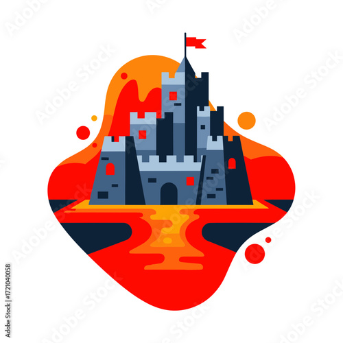 Stylized medieval castle illustration with grey stone walls red flag and fiery lava moat.