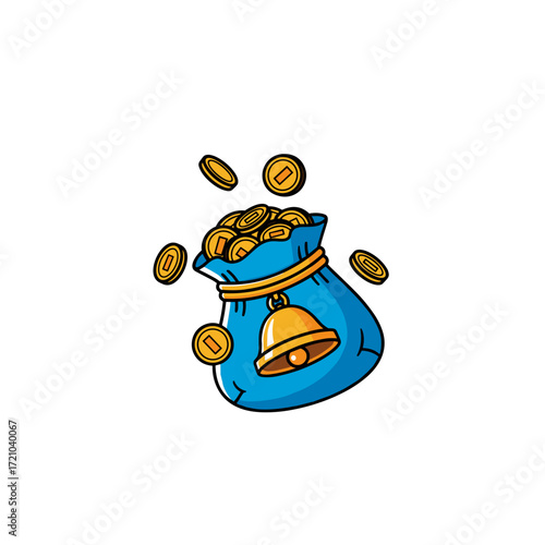 Blue Money Bag Overflowing with Gold Coins and a Bell.