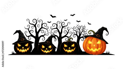 Halloween Spooky Scene: A collection of spooky Jack-o'-Lanterns wearing witches hats, are set against silhouette trees, creating a chilling image, illuminated against the fading light.