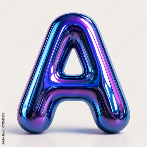 3d letter a in glossy liquid chrome with purple blue balloon typography isolated