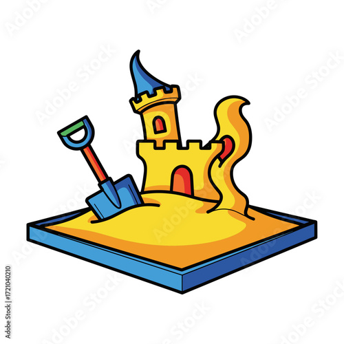 Vibrant cartoon sandcastle with blue turret shovel and yellow sand in a blue sandbox.