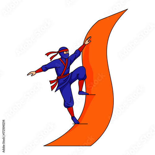 Cartoon Ninja Climbing Orange Surface with Blue and Red Outfit.