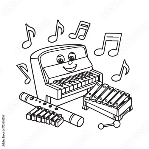  Happy Piano, Flute, and Xylophone with Dancing Musical Notes for Kids Line Art.