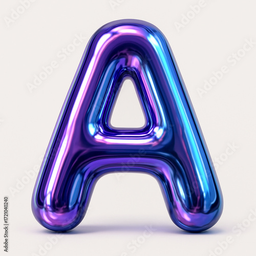 3d letter a in glossy liquid chrome with purple blue balloon typography isolated