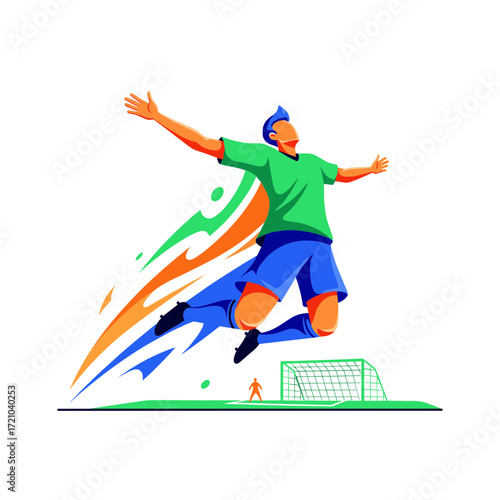 Stylized football player in a green jersey and blue shorts jumping joyfully with colorful motion trails.