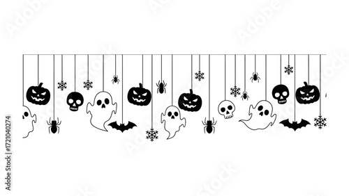 Spooky Halloween Decorations: Spooky Halloween garland, featuring jack-o'-lanterns, ghostly apparitions, spiders and skull, creating a festive, eerie atmosphere for seasonal celebrations.