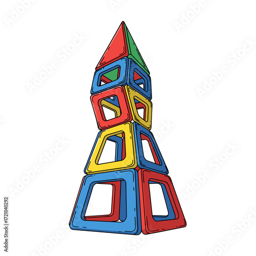 Vibrant illustrated rocket tower built from red blue yellow and green magnetic tiles.