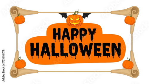 Happy Halloween: This festive image showcases a seasonal message in an ornate border with jack-o'-lantern, bats, and pumpkins. perfect for any halloween related content