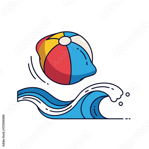A colorful beach ball with red yellow and blue panels bouncing on a stylized blue ocean wave in a minimalist line art style.