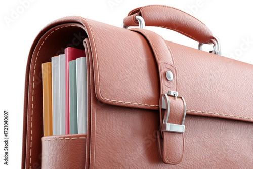 Leather briefcase with colorful books in side pocket, cut out