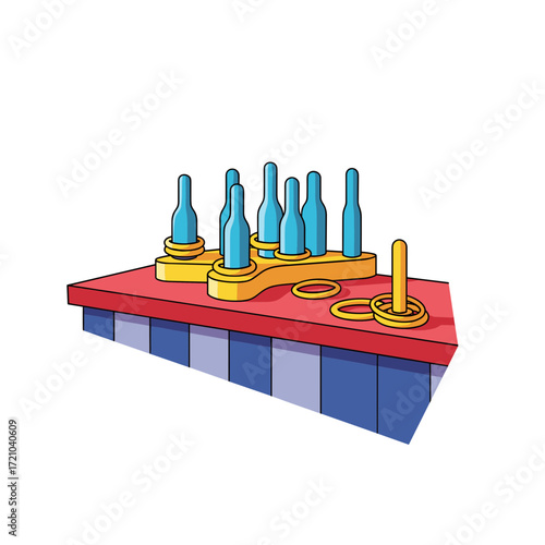 Vibrant cartoon ring toss game with blue bottles yellow rings and a red striped table.