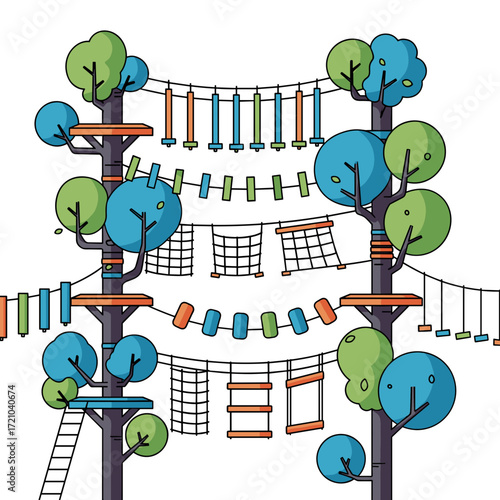 Colorful Tree Top Adventure Park Illustration with Obstacles and Platforms.