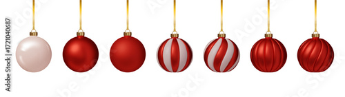 Chrome Red Christmas balls set PNG. Shiny bauble ornaments realistic decoration vector isolated