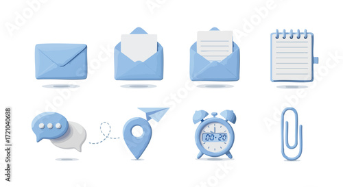 Set of 3D blue icons for communication and office tasks, including email, chat, location, and time management.