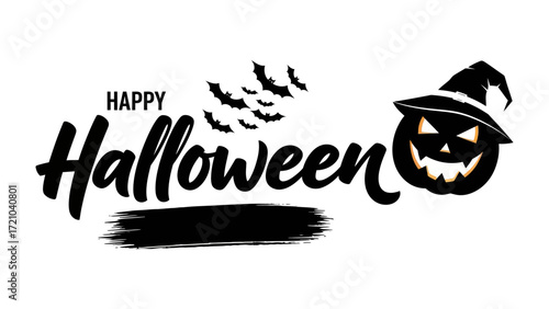 Spooky Celebration: A graphic rendering depicts a stylized Happy Halloween greeting, embellished with an ominous grinning pumpkin and a flock of silhouetted bats. 
