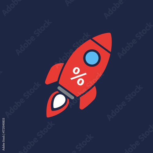 Red rocket with percentage symbol ascending rapidly on dark blue background, representing growth and acceleration