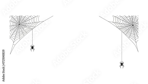 Spider Web art: A spooky graphic illustration of two spider webs with spider. Featuring unique art, perfect for all things Halloween. 