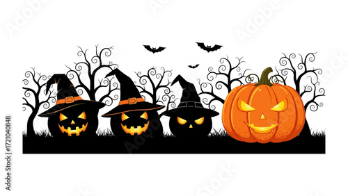 Spooky Halloween Pumpkin: A whimsical Halloween scene, featuring grinning pumpkins with black hats set against silhouetted trees and bats, exuding a festive atmosphere.