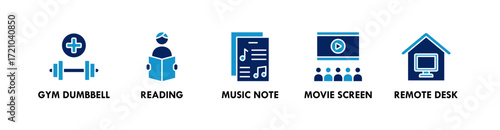 Work Life Balance banner web icon vector illustration concept with icon of gym dumbbell, reading, music note, movie screen, and remote desk