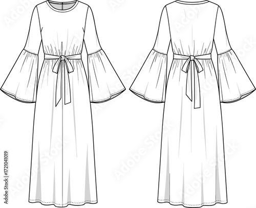 Women's dress flat sketch with flare sleeve, waist tie, round neck, front and back view, vector technical fashion drawing