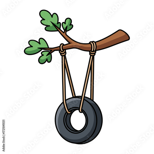Cartoon Tire Swing Hanging from a Tree Branch with Green Leaves.