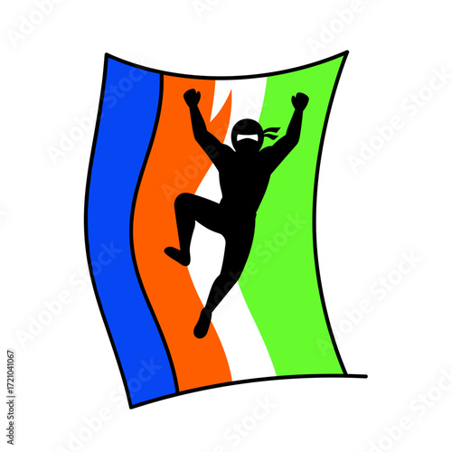 Silhouetted Ninja Ascending a TriColored Fabric Banner.