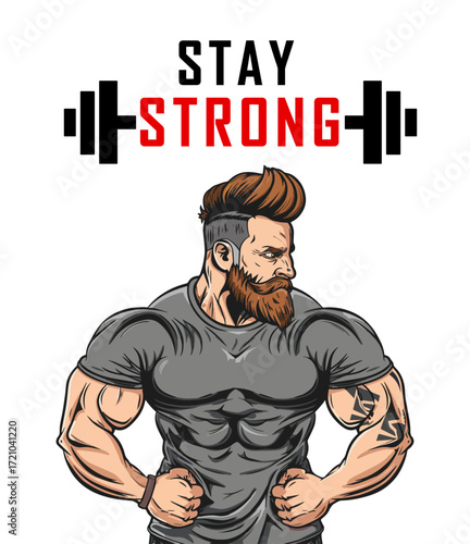 vector illustration of Bodybuilder Man with beard , wearing grey t-shirt and posing bodybuilding , isolated on white background.  