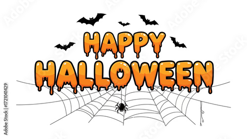 Happy Halloween Design: Spooky, fun, and festive Halloween-themed graphic with bats, spider web, and dripping text, perfect for decorations and celebrations!