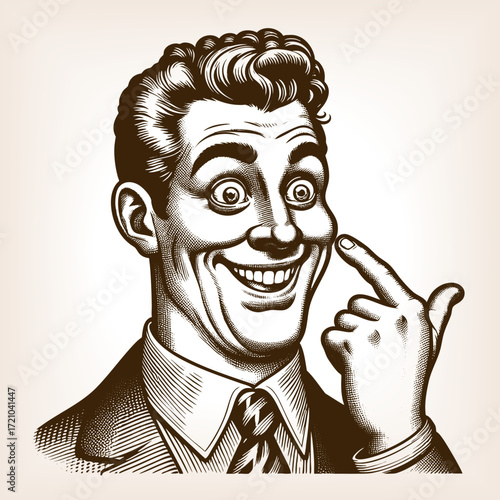 cheerful businessman, grinning widely and pointing playfully with exaggerated cartoon expression sketch engraving generative ai fictional character vector illustration. Scratch board. Black and white.