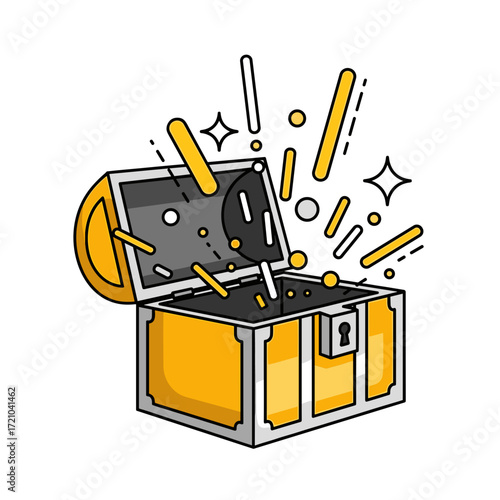 Stylized open treasure chest with gold panels silver trim and sparkling magic effects.