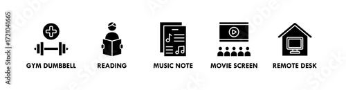 Work Life Balance banner web icon vector illustration concept with icon of gym dumbbell, reading, music note, movie screen, and remote desk