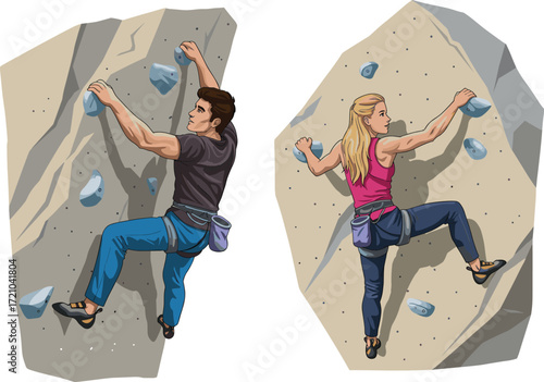 Cartoon Climbing Icons Featuring Indoor Wall Climbers with Chalk Bags, Athletic Motion, Gear Detail, and Recreational Fitness Theme