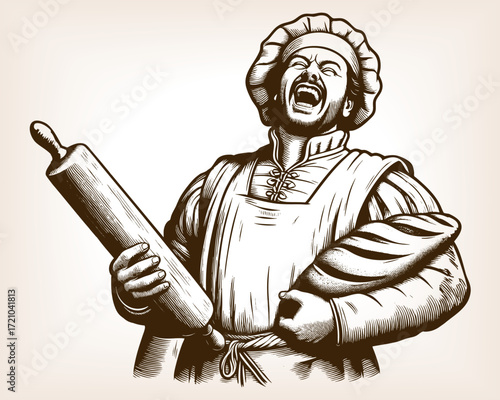 cheerful baker in traditional clothing, laughing loudly while holding a rolling pin and a loaf of bread sketch engraving generative ai fictional character vector. Scratch board. Black and white.
