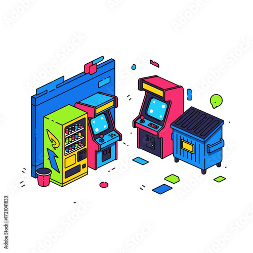 Colorful retro arcade scene with two video game machines a soda vending machine and a dumpster in a vibrant isometric style.
