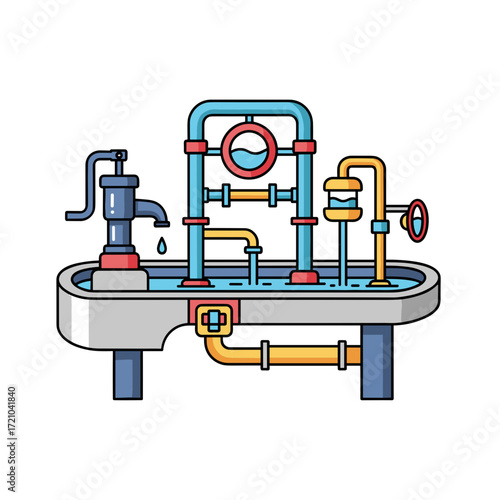 Colorful Cartoon Water Pump System with Pipes and Valves.