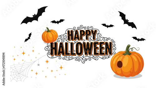 Spooky Halloween Elements : A festive Halloween composition features vibrant pumpkins, eerie bats, and a classic spider web. The Happy Halloween text, adorned with decorative ornaments.