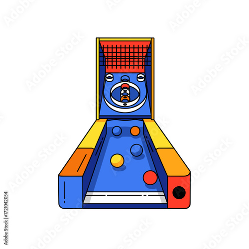 Vibrant SkeeBall arcade game illustration with blue lane yellow orange red accents and colorful balls.