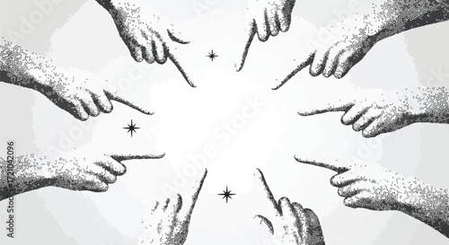 Pointing fingers draw attention to the focal point, ideal for showcasing a product or message with a visually compelling and stippled design element