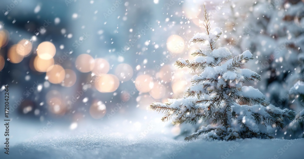 Naklejka premium Snowy Christmas Tree in Winter Landscape with Falling Snow.