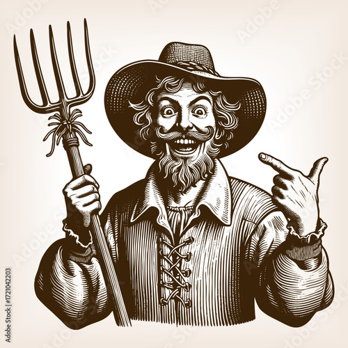 cheerful bearded farmer in rustic clothing and hat, holding a pitchfork and pointing with a grin sketch engraving generative ai fictional character vector illustration. Scratch board. Black and white.
