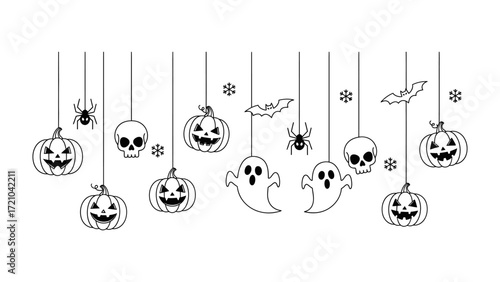 Spooky Hanging Decorations: A minimalistic Halloween-themed image with various decorations suspended from above, perfect for conveying the holiday's spirit.