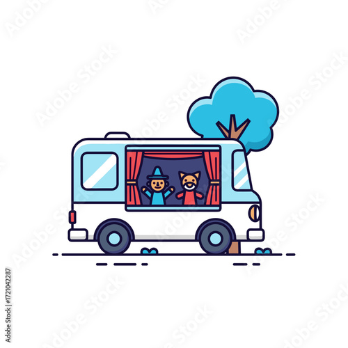 Cute cartoon mobile puppet theater van with a wizard and cat performing a show.
