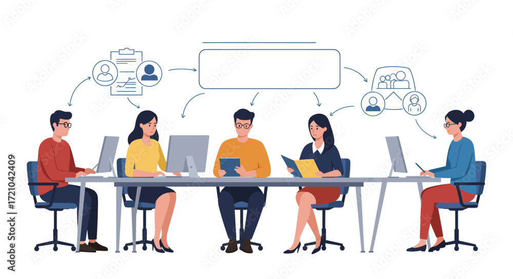 Fototapeta premium business meeting at long table discussing data presenting teamwork collaboration perfect for illustrating company strategy and growth using modern technology