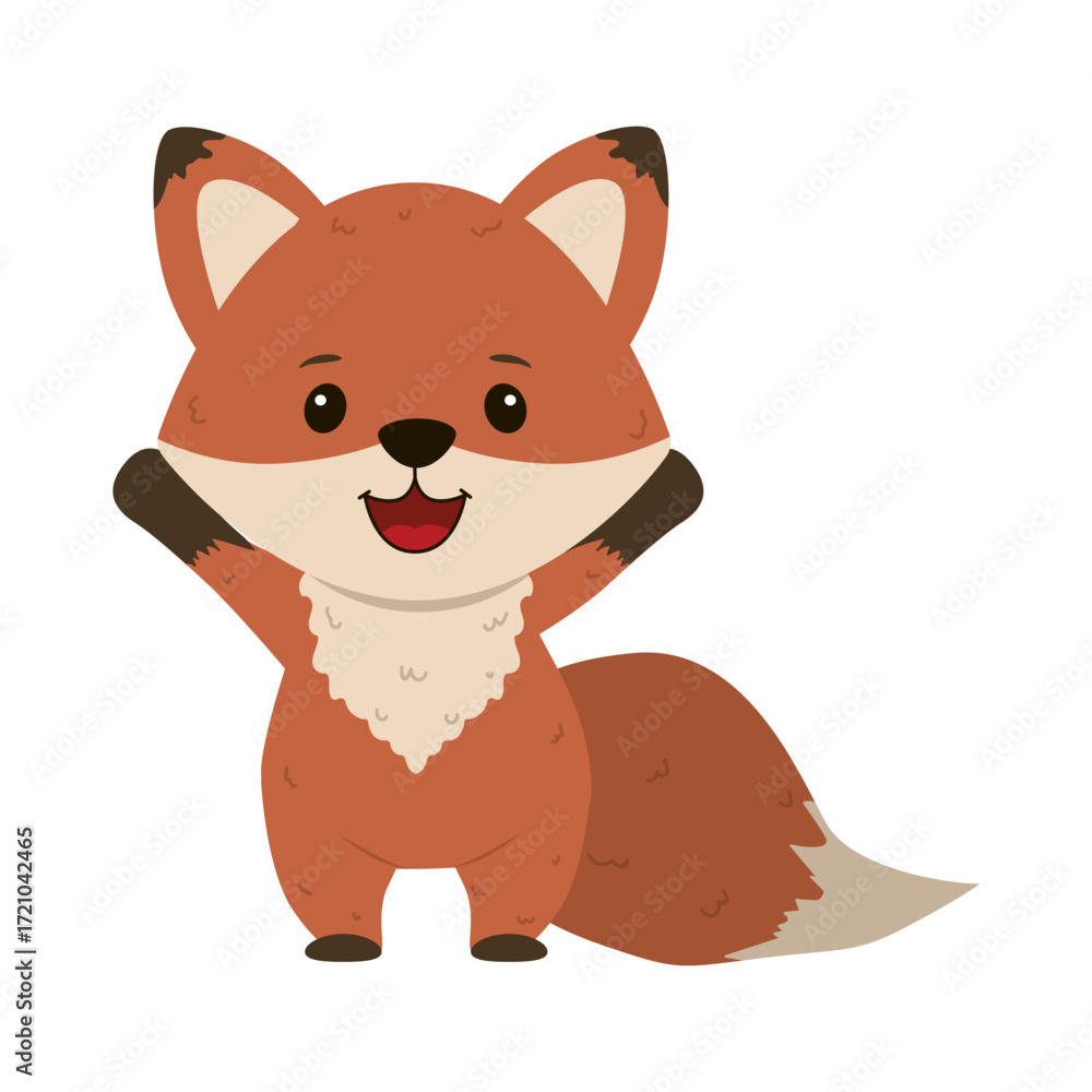 Obraz premium Cheerful cartoon fox with raised arms in this vector illustration. The fox features a playful expression, capturing a sense of fun and excitement, perfect for children s designs.